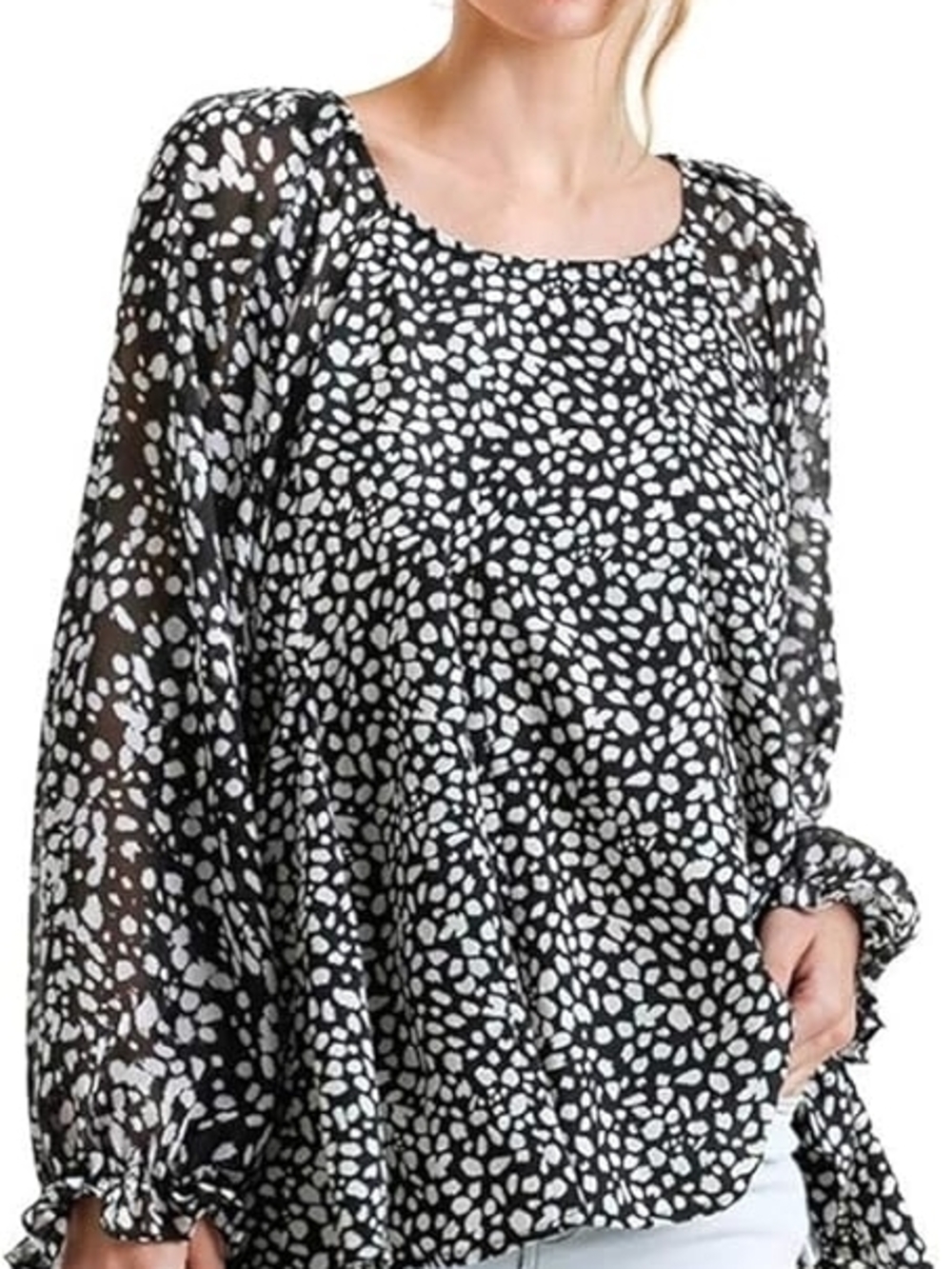 Umgee Black & White Printed Puff-Sleeve Blouse
